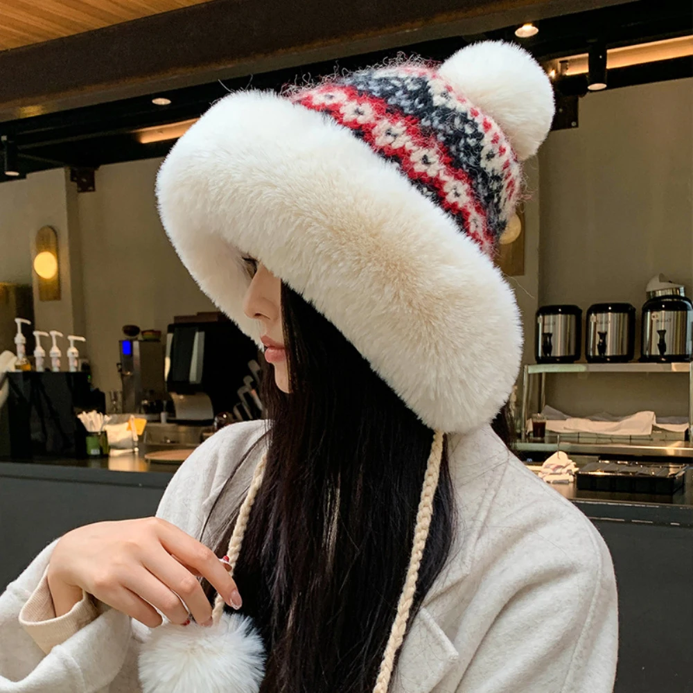 HT4513 Gorro de invierno para mujer, gorros gruesos y cálidos de piel esponjosa con tres pompones, gorros rusos para mujer, gorros con orejeras de esquí tejidos para mujer