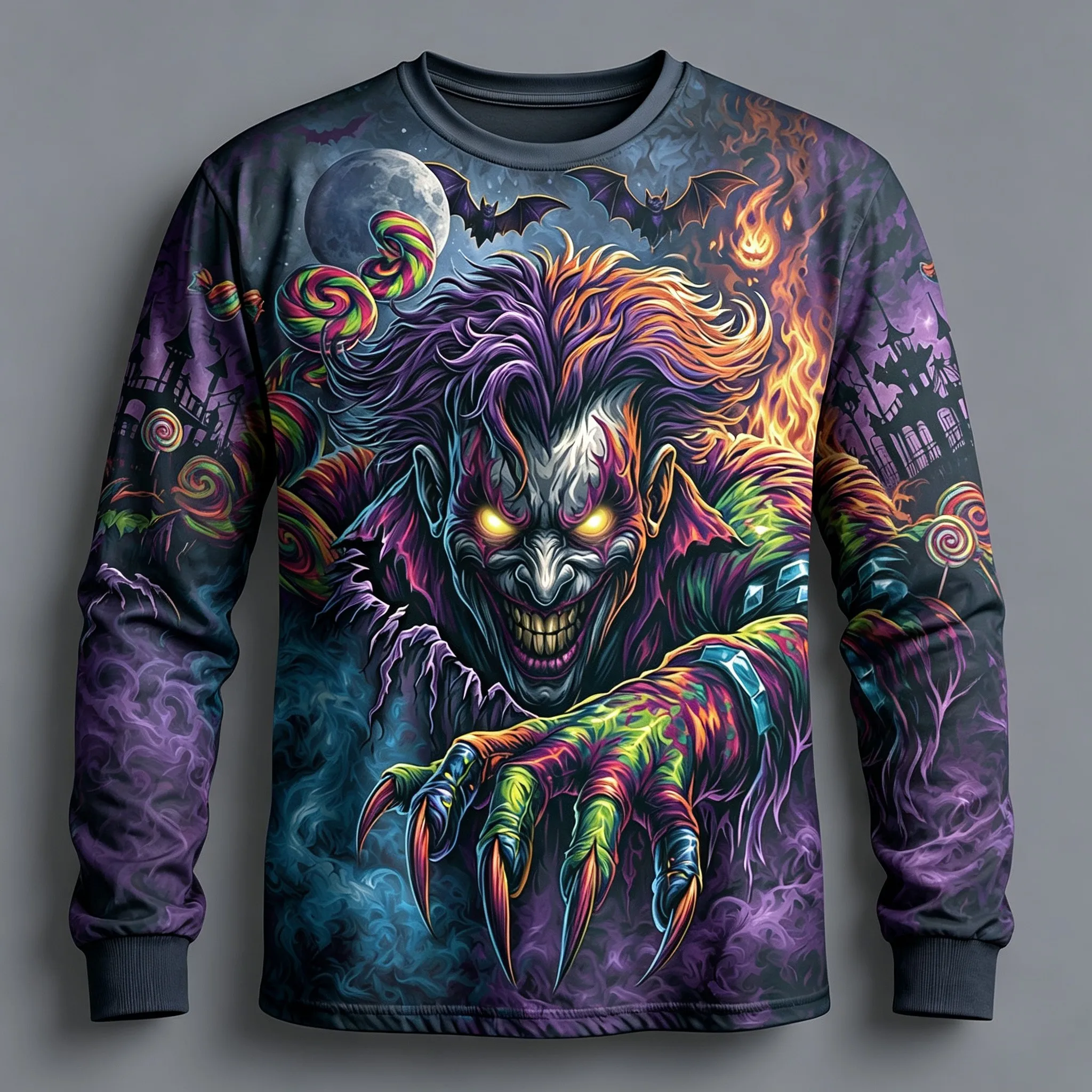 Men Halloween Scary Joker Print Long Sleeve Shirt Horror Clown Graphic Crew Neck Top Holiday Party Casual Pullover Tees