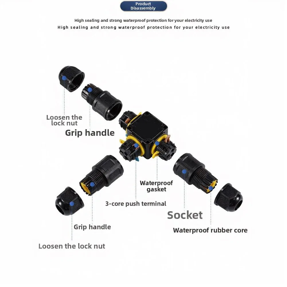 Waterproof 3-Core Connector Kit 3pcs IP68 Rated for LED Lighting Power Cables 4-8mm 6-11mm Cable Compatibility