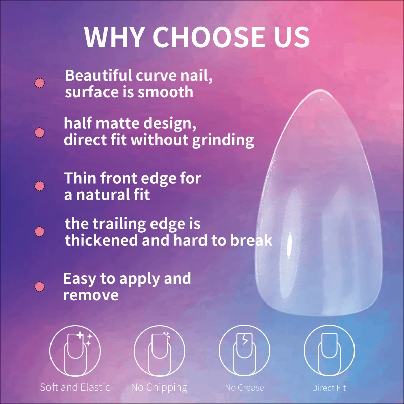 اضغط على الأظافر المزيفة على نصائح لتمديد الأظافر، إصبع أكريليك كاذب كامل، كبسولات أمريكية صناعية طويلة ناعمة من الجل واللوز