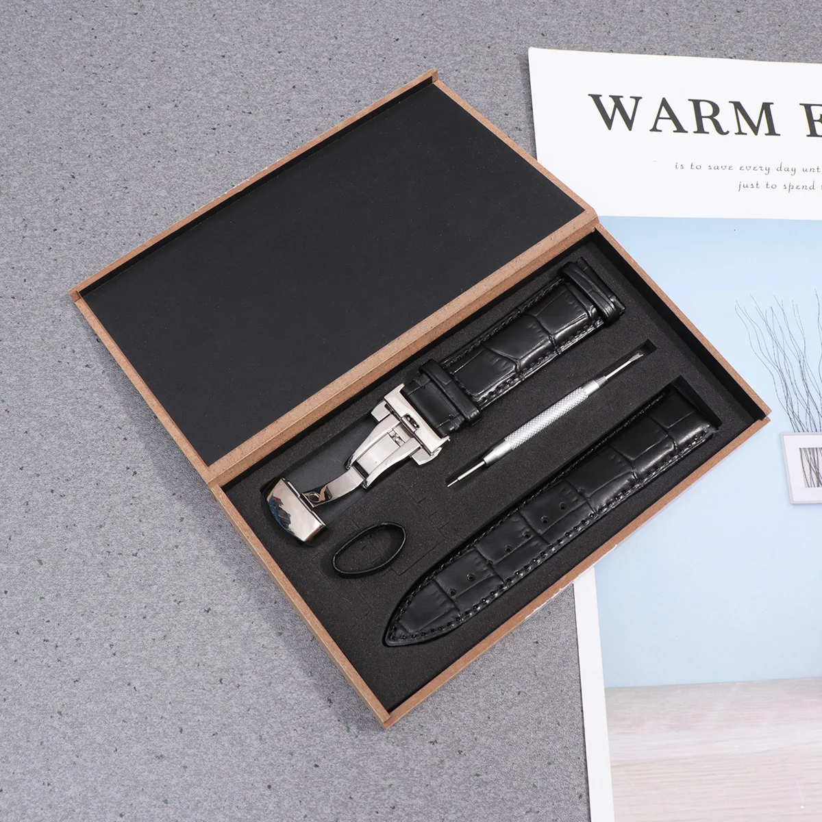 

Cowhide Watch Strap 22Mm Band Replacement Durable Double Buckle Wristband Black Gift For Family Friends