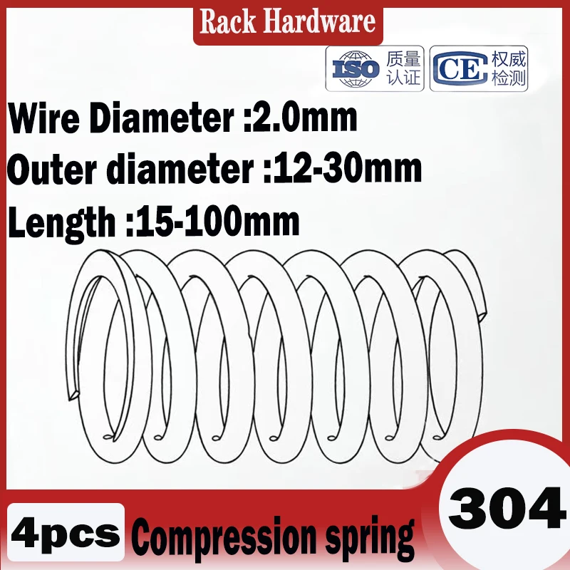 304 Stainless Steel Compression Spring Return Coil Spring Wire Dia 2mm OD 12-30mm Length 15-100mm 4Pcs Lot