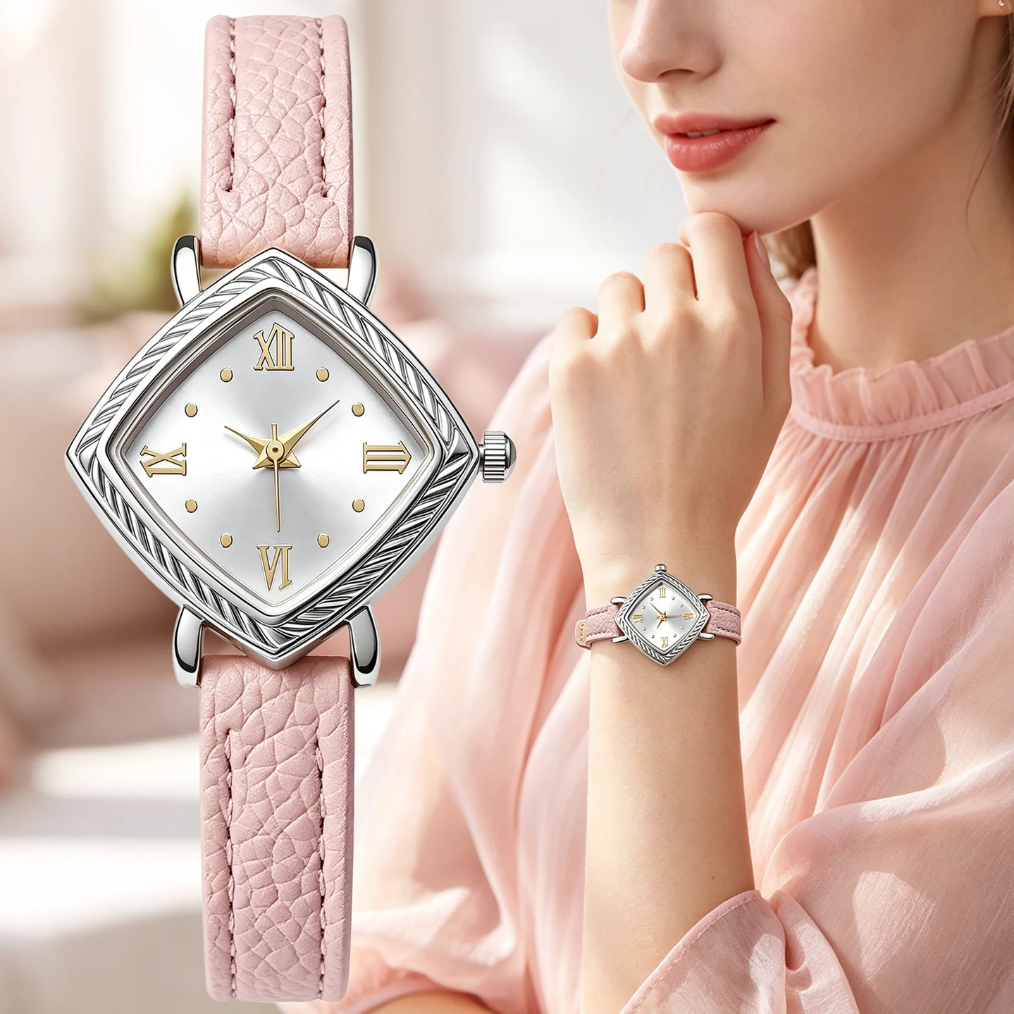 Women Rhombus Twisted Bezel Quartz Wrist Watch Silver Case Faux Leather Strap Roman Numeral Dial Elegant Ladies Watch