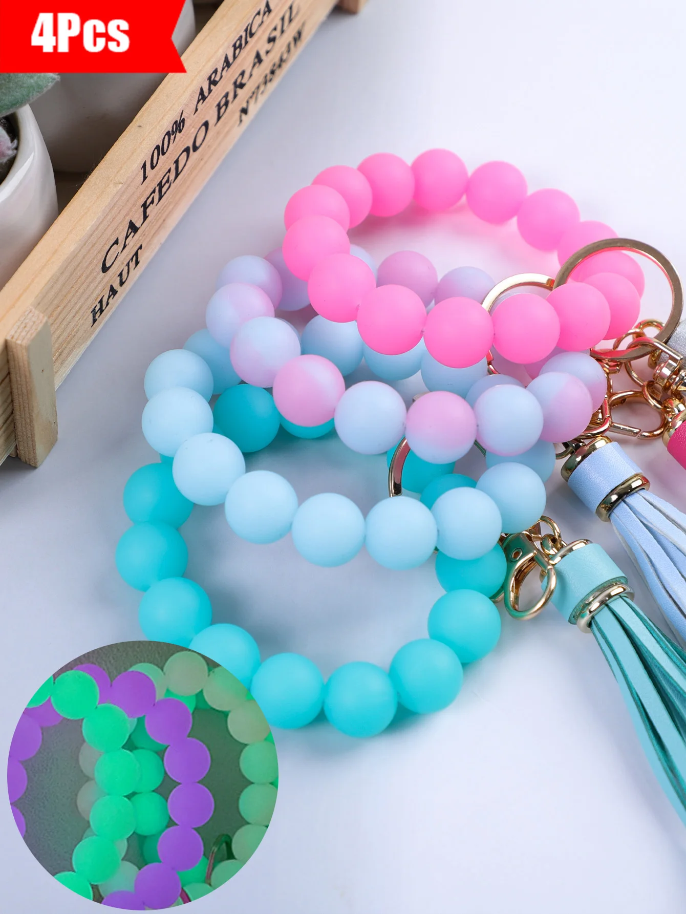 4Pcs/Set  -Hands-Free Luminous Silicone Wristlet  Anti-Lost Key Holders for Night Out & Commute