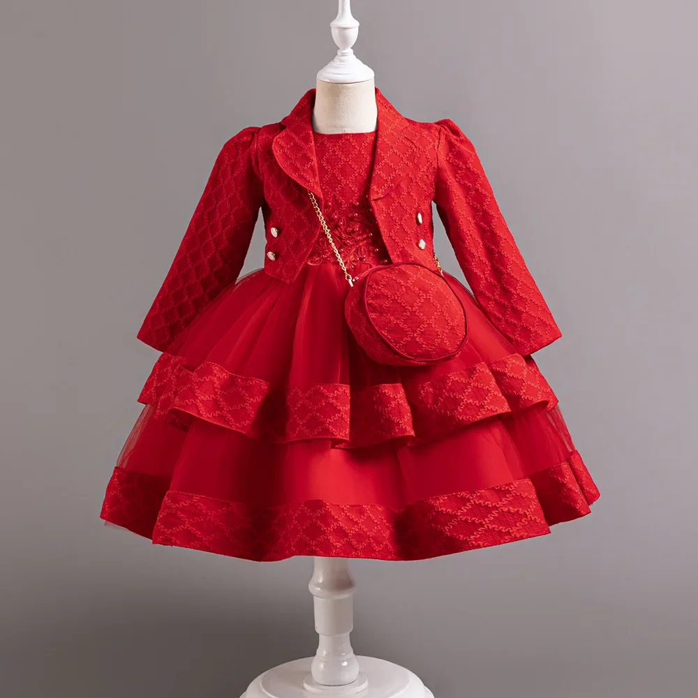 Children's Spring Autumn Fashion 2 Sets Long Sleeve Beading Girls Dress + Coat Plaid Kids Formal Gown 4 8 10 12 Years