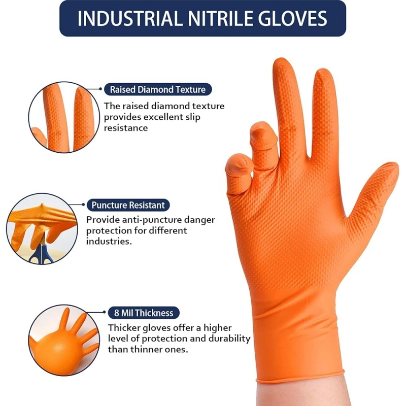 8Mil 헤비 듀티 오렌지 니트릴 장갑 일회용 다이아몬드 질감 그립 산업용 작업 장갑 정비공 안전 장갑 라텍스 프리