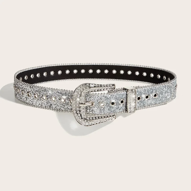 Ceinture en biscuits noir pour femme, ceinture à paillettes argentées, ceinture Y2K, ceinture de vêtements, ceinture tendance, jeans personnalisés, largeur 3.8cm