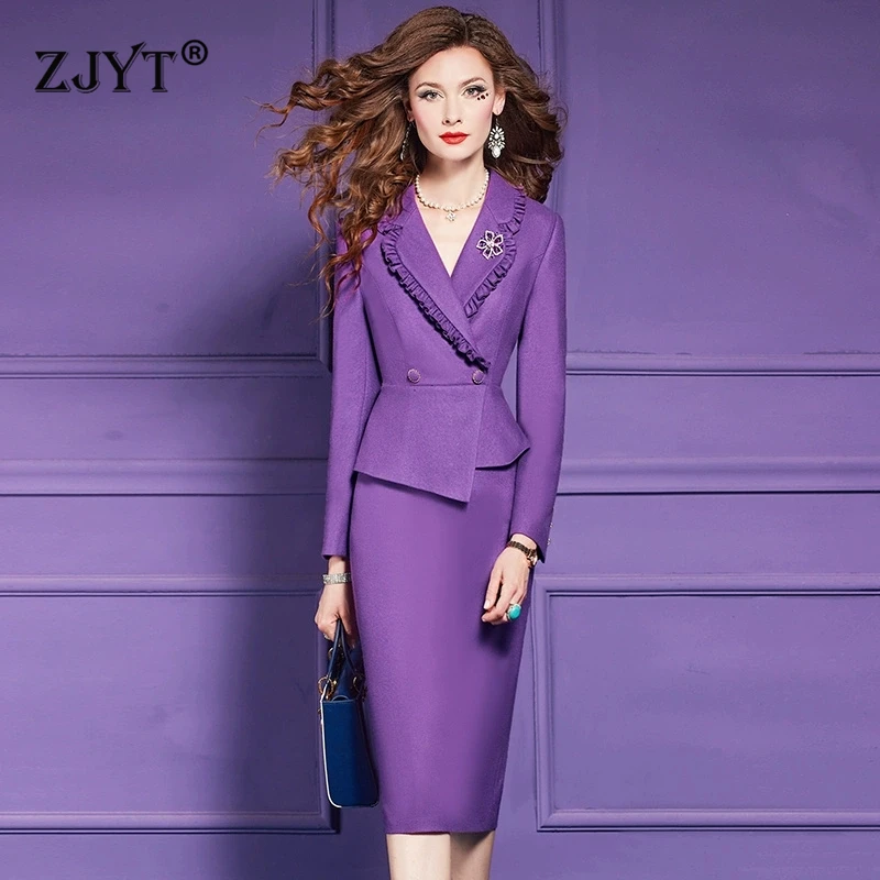 ZJYT Autumn Winter Business Chic Blazer Pencil Skirt 2 Piece Matching Sets Elegant Office Lady Party Outfit Plus Size Clothing