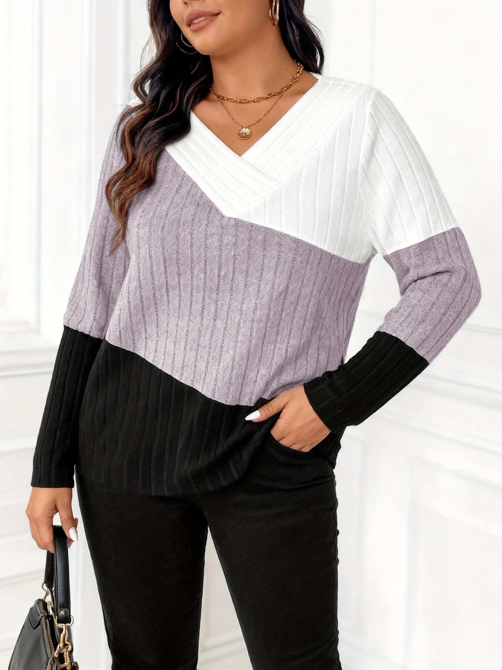 Stilvoller Plus-Size Damen-Pullover mit Farbblock-Design und V-Ausschnitt für gemütlichen Chic – Detail 16