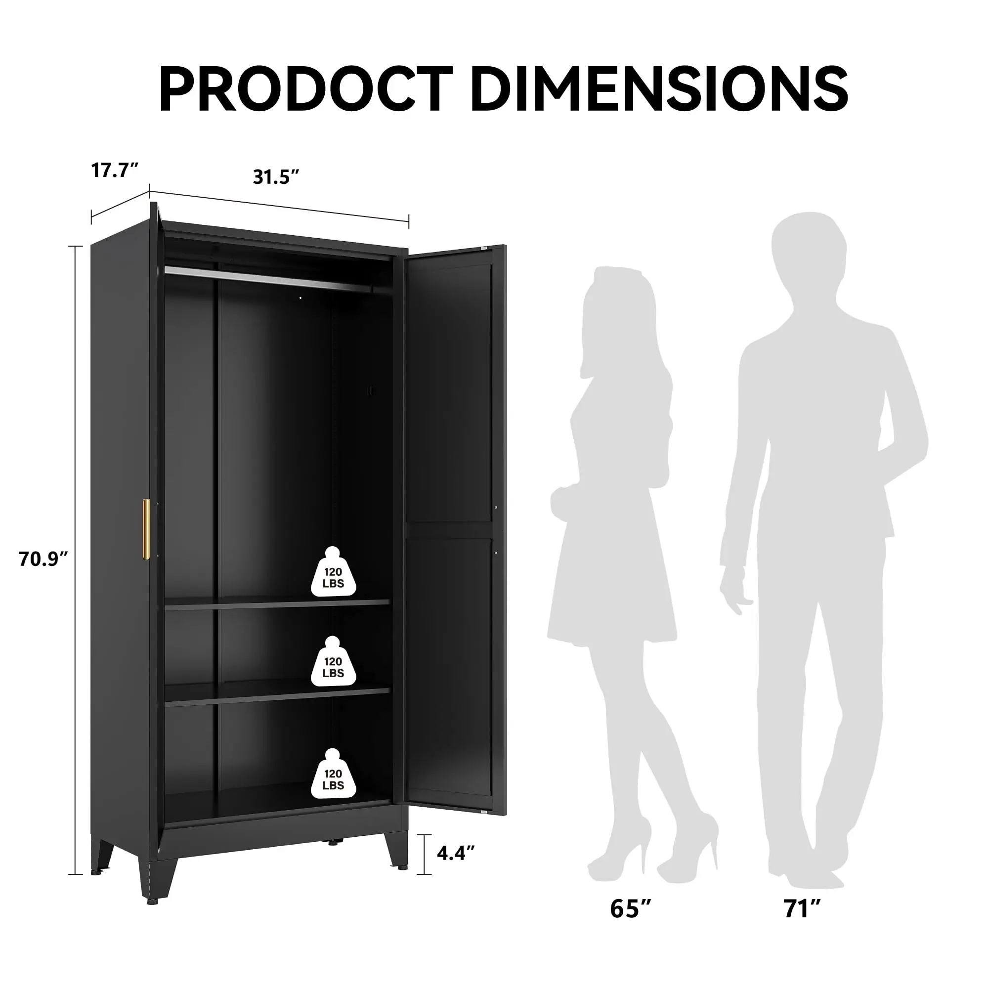 Black Metal Wardrobe Closet 2-in-1 Design, 71