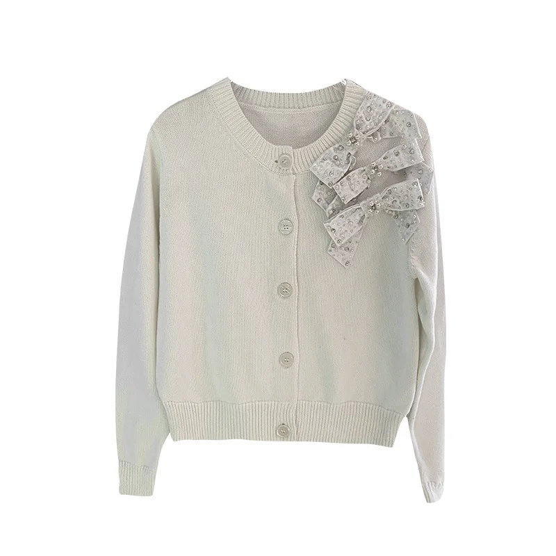 2025 خريف جديد رقيقة مطرزة مطرز القوس سترة متماسكة موضة الجولة الرقبة طويلة الأكمام معطف قصير #5