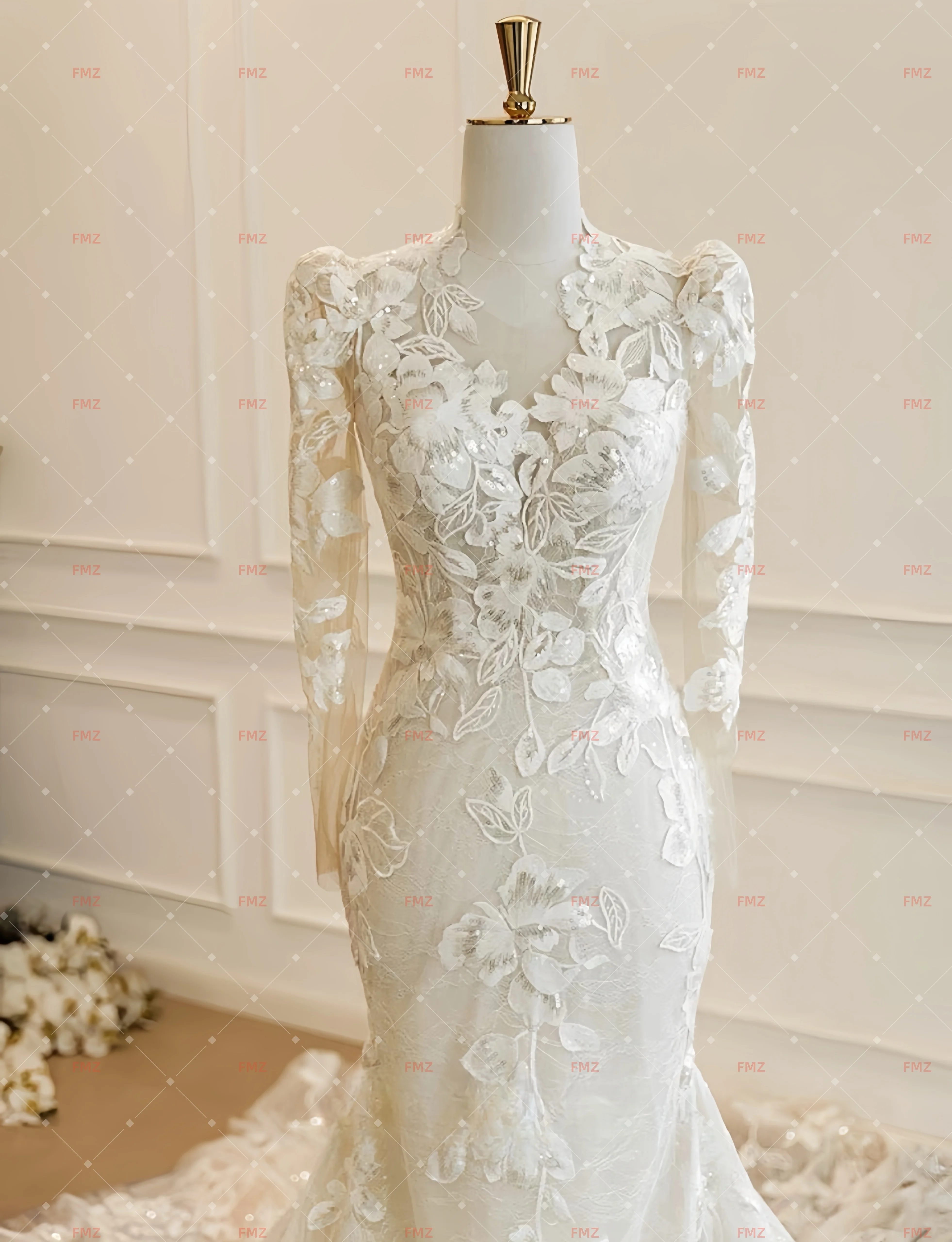 Customziedv-neck manga longa sereia renda sexy vestido de casamento vestidos de novia amanda novias amanda novias oficial