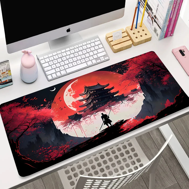 Japanese Katana Carpet Pad XXL Sakura Gamer Computer Table Mat Large Size Anime Office Keyboard Pads Red Blood Moon Desk Mats