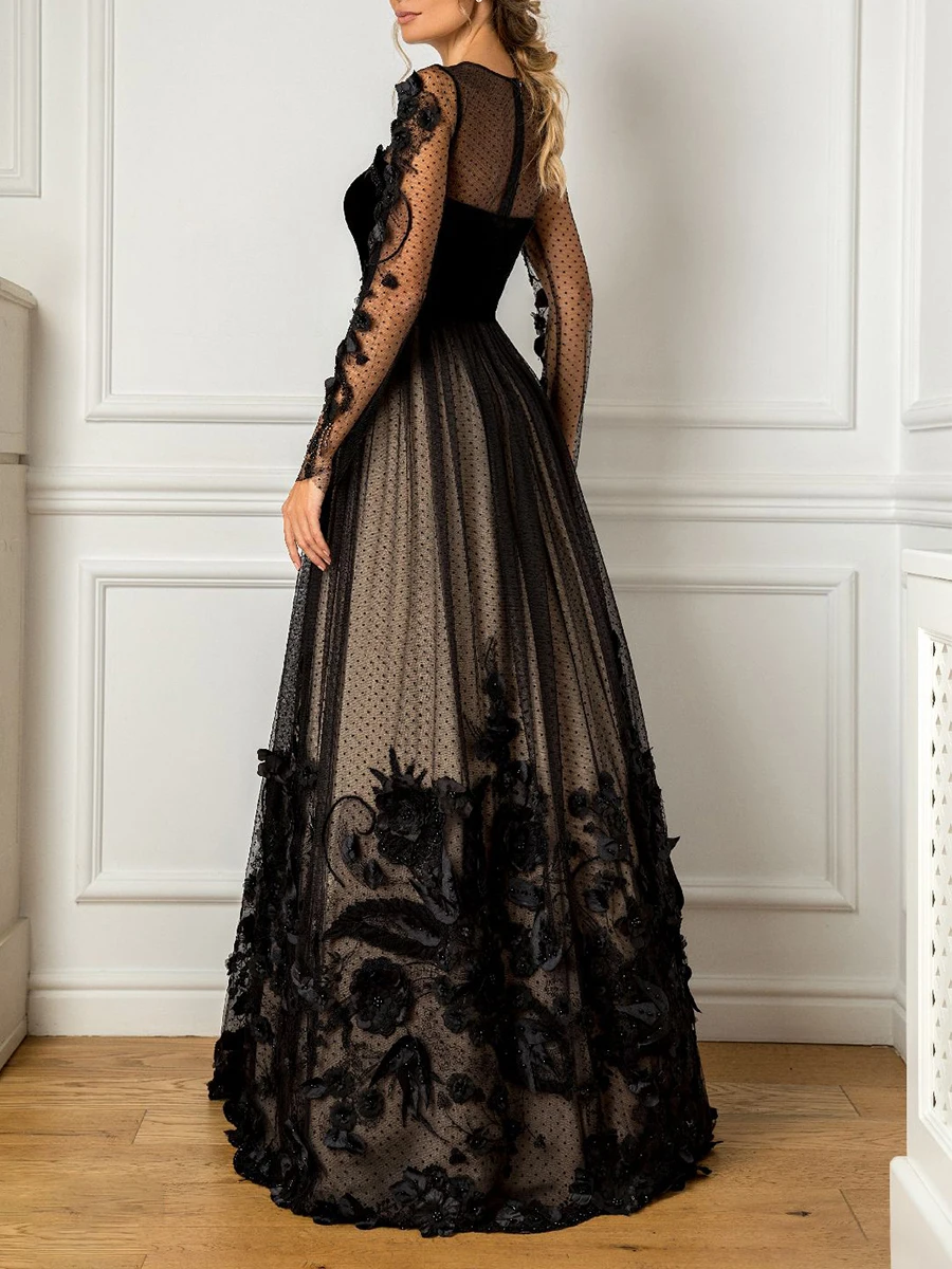 Customized Beading Prom Dress Long Sleeve Lace Cocktail Party Elegant Floor Length Illusion Black Evening Dresses for Women 2024