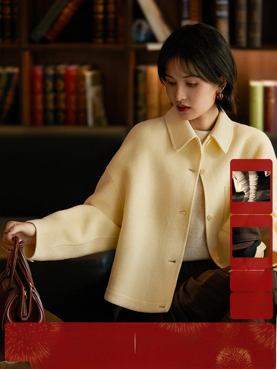 

ort Double-Sided Woolen Bubble-Sve Coat Collar One-Piece Yellow Bag Woolen Outerwear for Women OL Sle Commute Pure Color