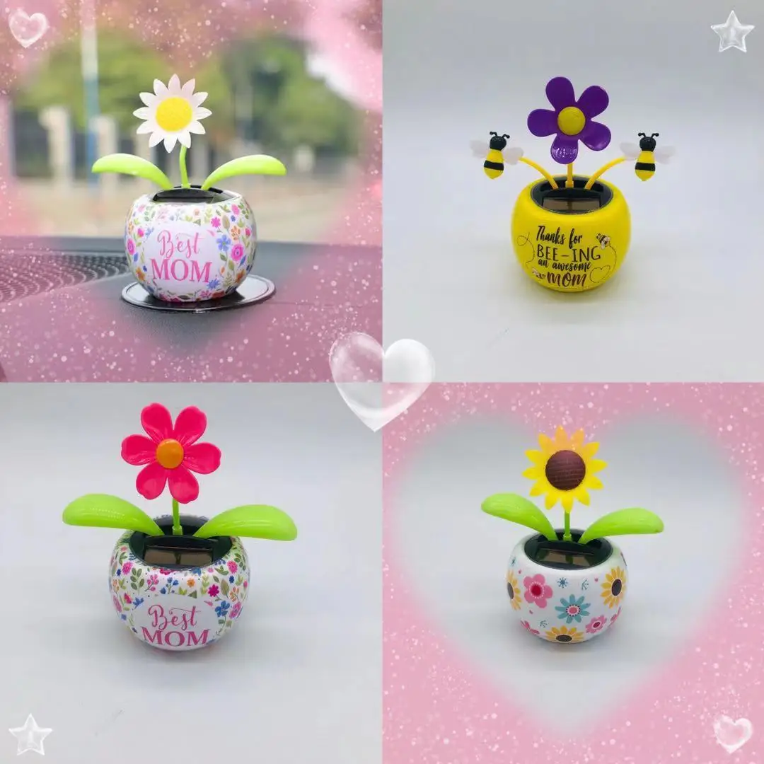 Solar Powered Apple Flower Little Bee Automatic Swinging Sunflower Car Ornament Interior Decoration image 3