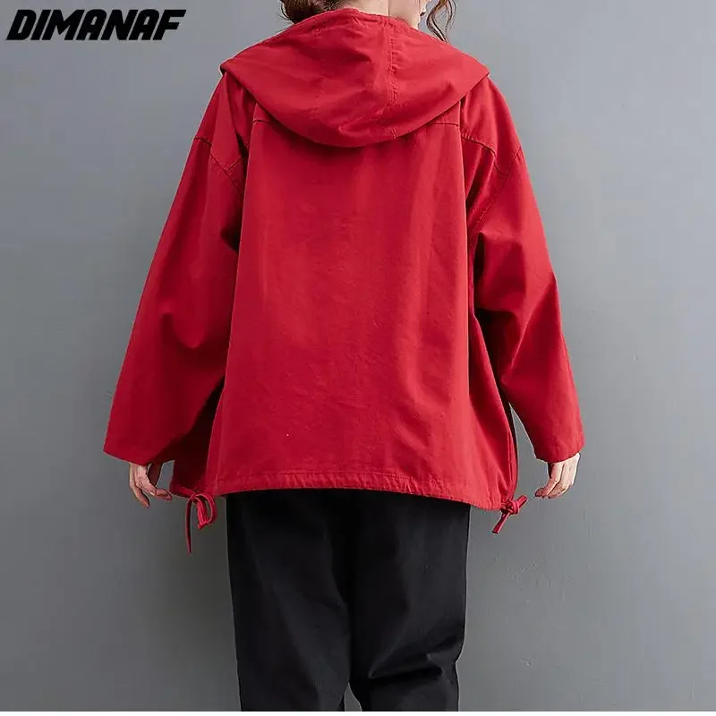 DIMANAF 2024 New Oversize Jackets Female Women Cotton Black Spliced Coat Solid Red