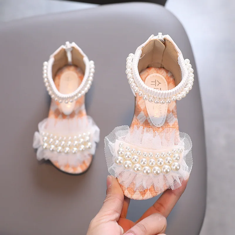 Summer Children's Fashion Sandals Girls Rhinestone Princess Shoes Kids Lace Pearl Flower Beach Sandals Size 21-36 G605