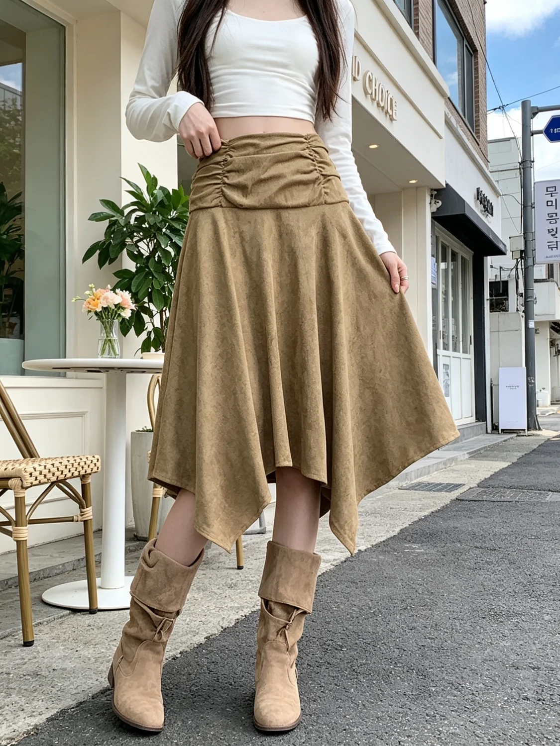 Retro Western Cowboy Style Suede  Skirt Women's High Waist Pleated Asymmetrical A-Line Midi Skirt Commute Style