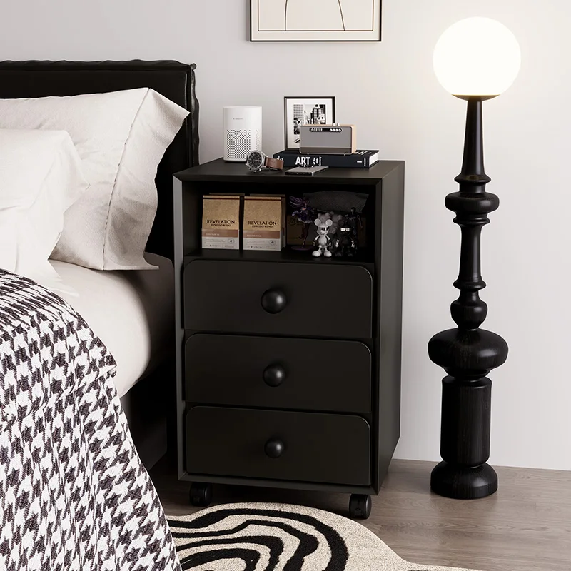 

Mobile bedside table Household bedroom 30cm narrow side few creative small black shelf with wheels solid wood bedside cabinet
