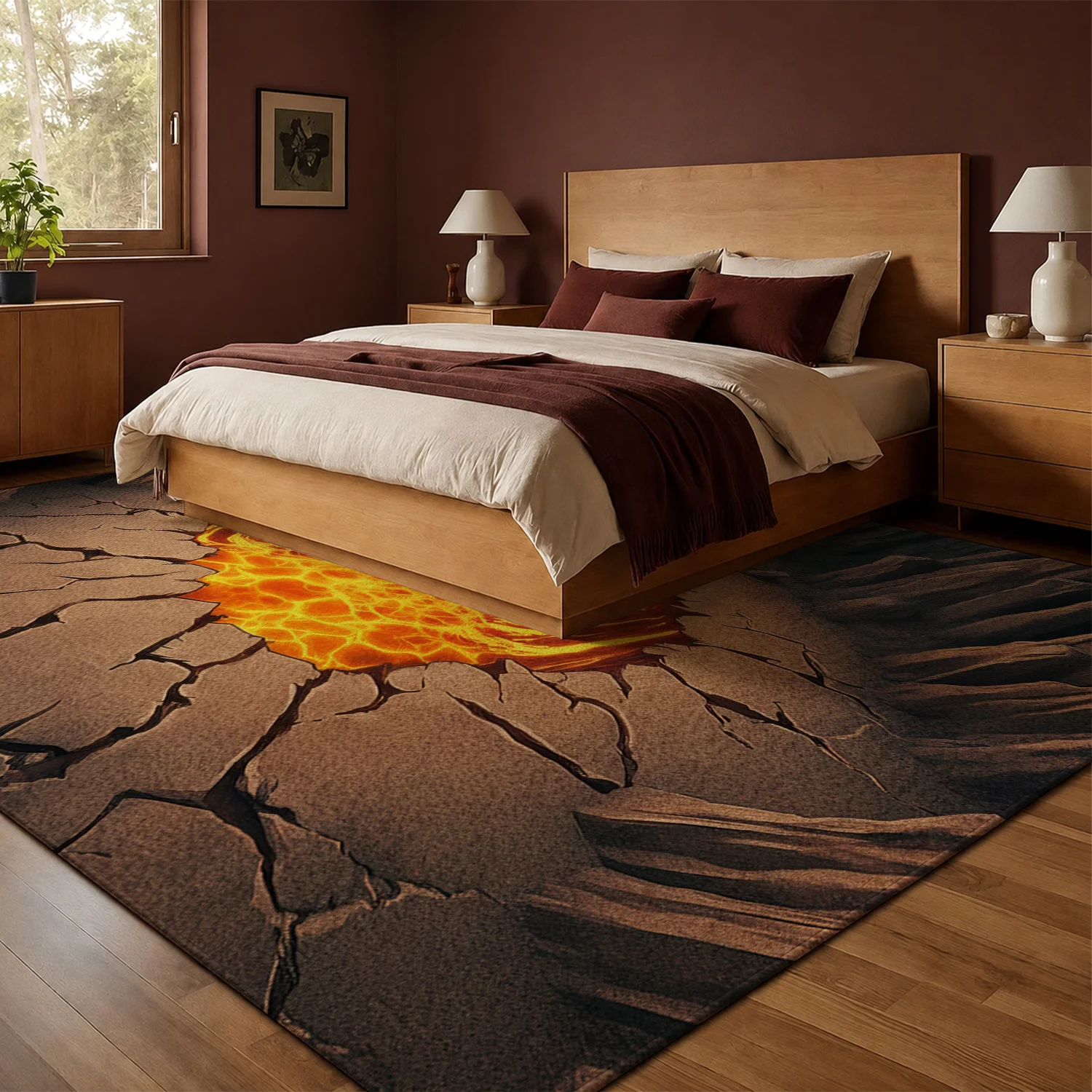 Large Indoor Area Rug, Soft Velvet Low Pile with Non-Slip Dotted Backing, Machine Washable, Volcano Lava Cracked Earth Pattern for Living Room & Bedroom Floor Decor