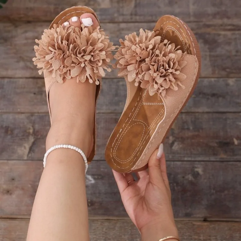Women's Slip on Wedge Sandals Open Toe 3D Floral Applique Textured Upper Casual Summer Beach Vacation Everyday Holiday Slippers