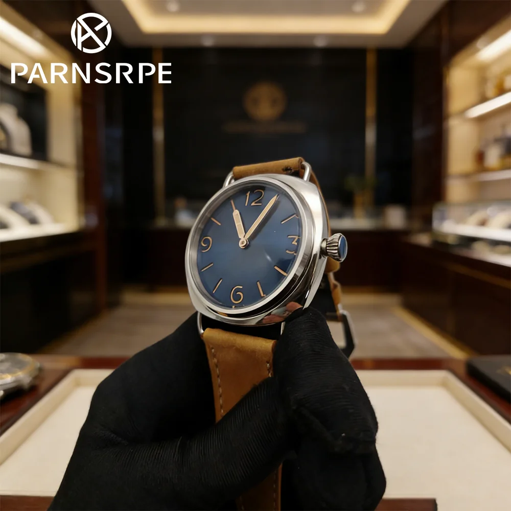 

PARNSRPE 45mm Vintage Pilot ST3600-1 Manual Winding Mechanical Movement Luminous Blue Sterile Dial Blue Strap Men's Watch