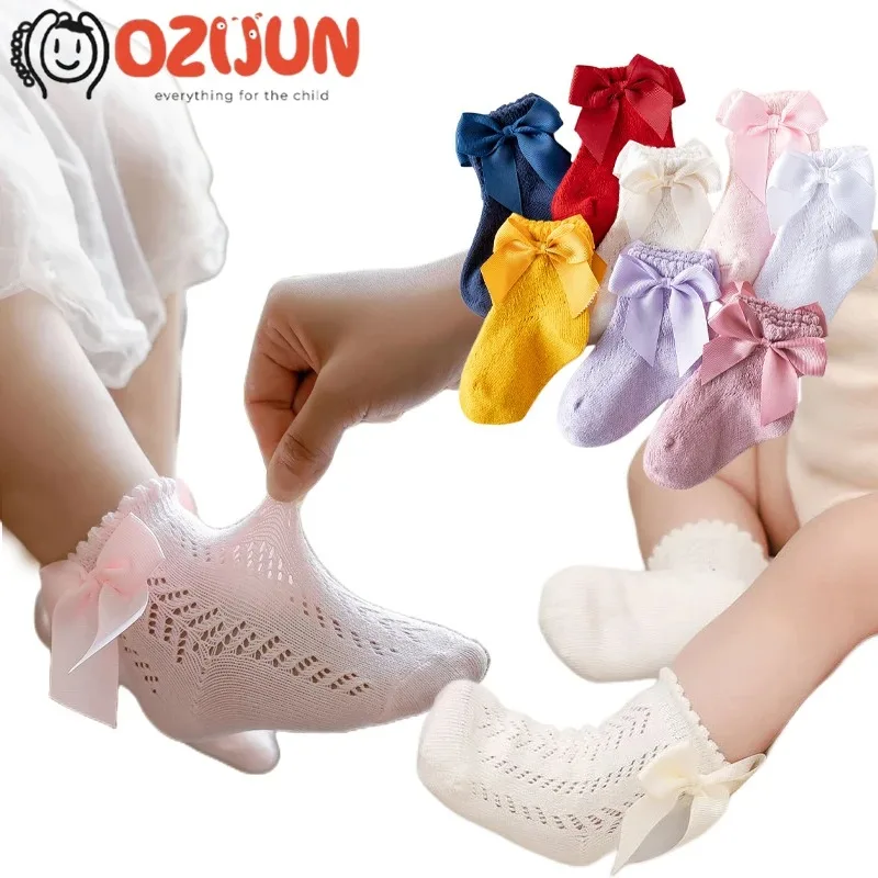 2023 New Spring Summer Baby Girls Socks Transfer Loop Hollow Out Mesh Bow Socks Kids Girls Thin Cotton Socks Children 0-5 Years