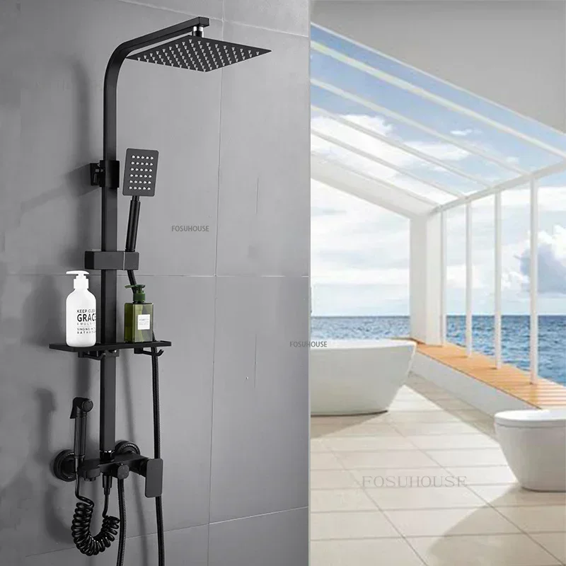 Black Brass 2 Handle Faucet Bathroom Shower Set Household Shower System Wall Mounted Luxury Bathroom Bathtub Rain Shower Head u