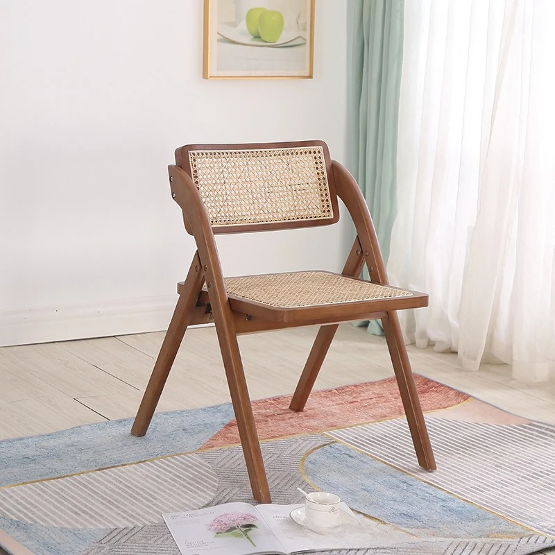 Nordic solid wood rattan chair retro rattan chair cafe dining chair, folding armless rattan chair