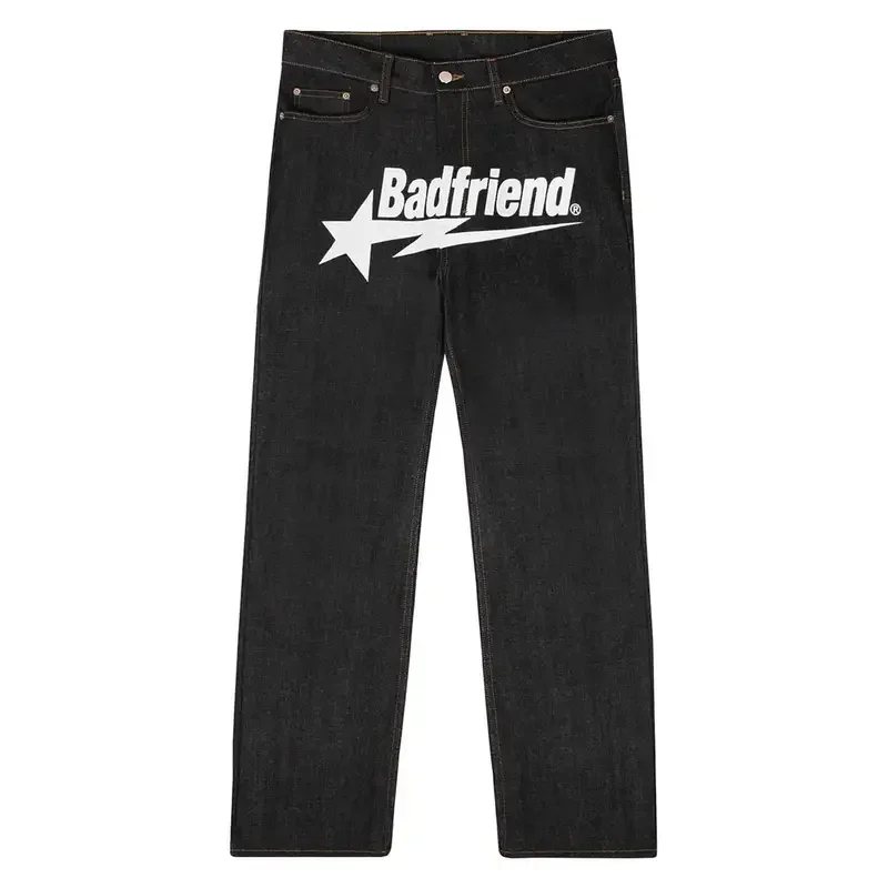 Y2K Jeans Badfriend Letter Printing Hip Hop Baggy Black Denim Pants New Harajuku Punk Rock Wide Leg Trousers Streetwe MN9