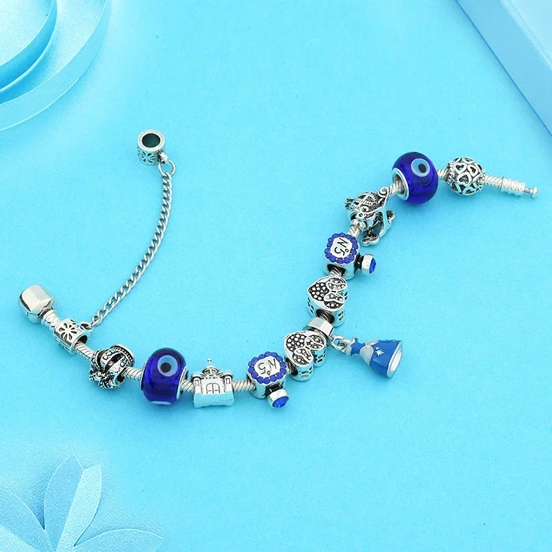 ديزني الأزرق الداكن المينا فستان الأميرة قلادة حبة سوار فضي اللون تاج القلعة القلب ميكي ميني الكرتون سوار هدية