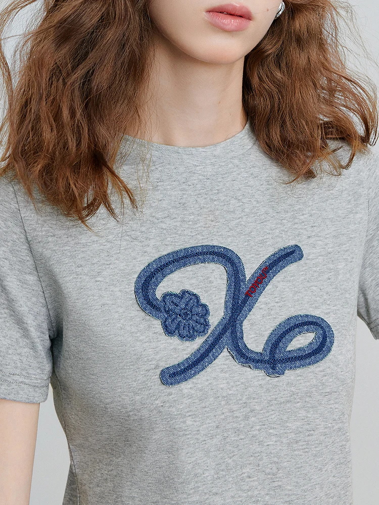 Slim Fit Cotton T-irt Women's Summer New Bla ort Denim Patch Embroidery Top round Ne Commute Sle Casual Faion