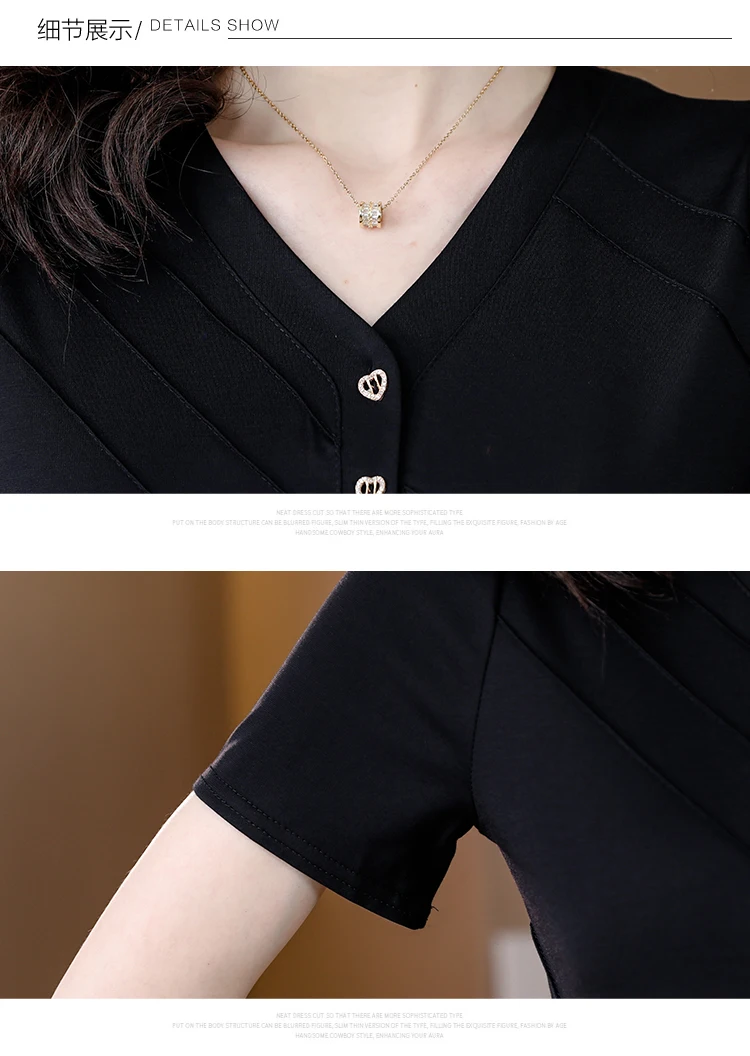 2023 Summer New Black Silk Solid Short Sleeve Top Women's Waist V-Neck Shirt Korean Edition Covering Belly Western T-shirt