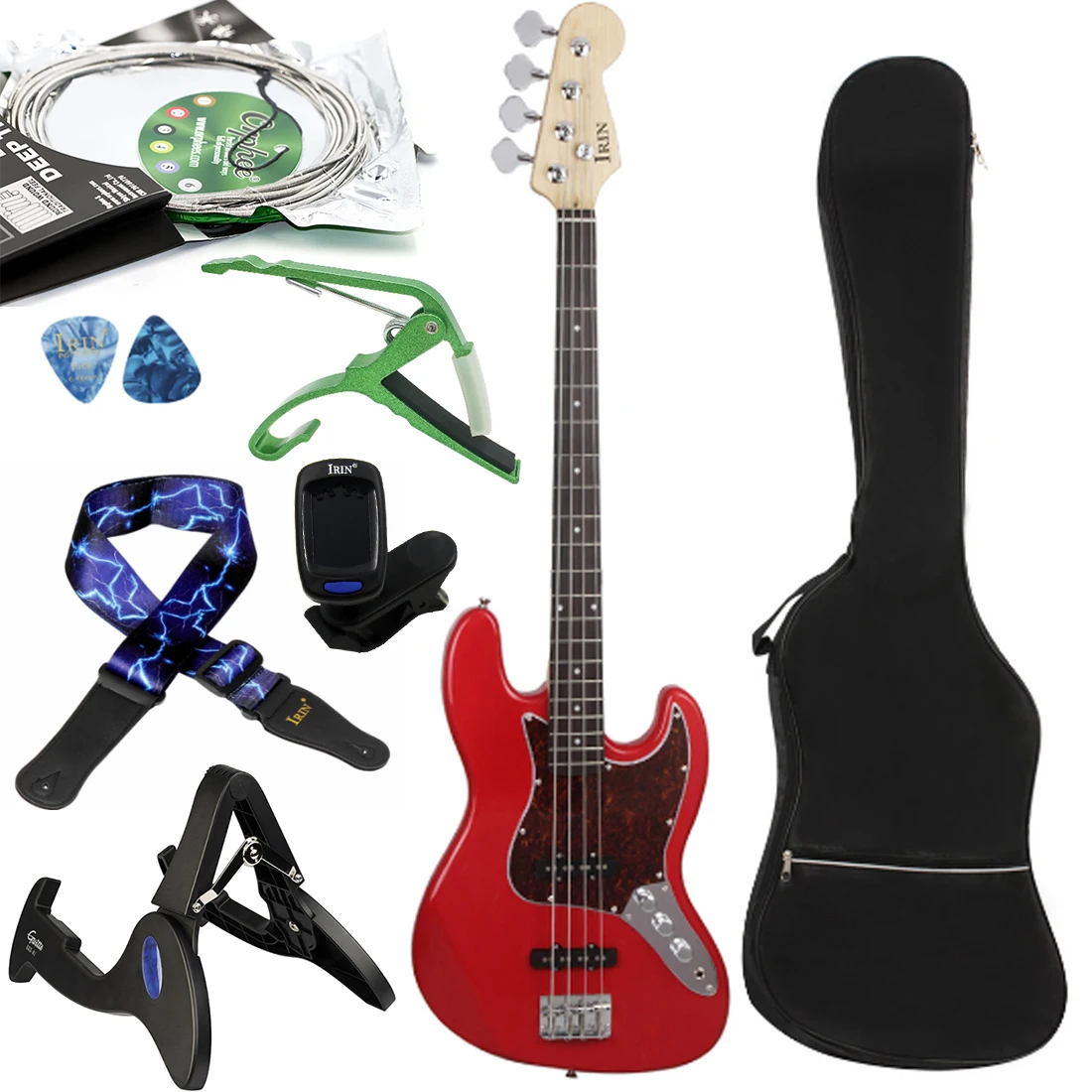 

Red 4 Strings Electric Bass 20 Frets Sapele Electric Bass Guitarra with Tuner Strings Capo Stand Strap Accessories