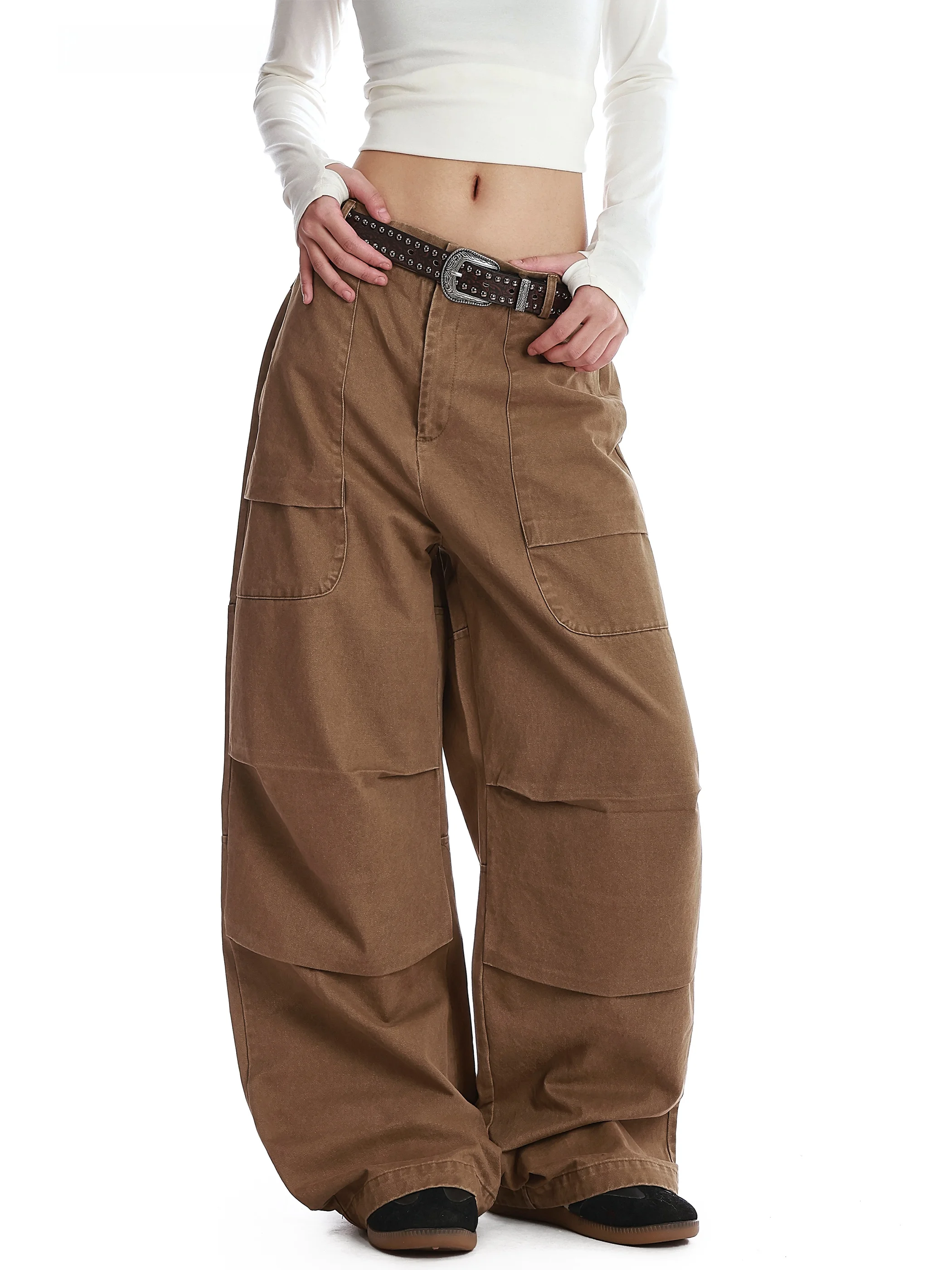 

Американские уличные брюки-палаццо с плиссировкой и множеством карманов, женские, свободного кроя, повседневные, широкие штанины, CleanFit