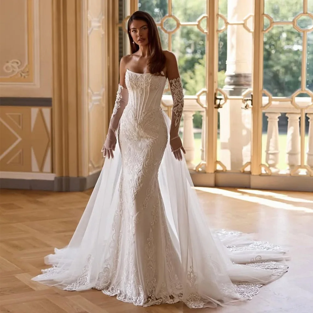 Customized Elegant Satin Strapless Wedding Dress Applique Beading Robe De Mariée Mermaid Tulle Vestido De Novia