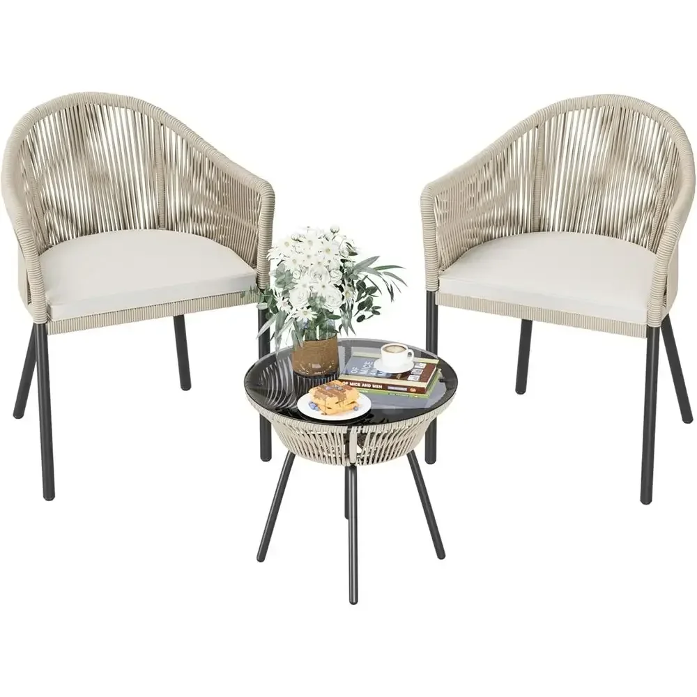 3-Piece Rattan Wicker Bistro Set with Cushions and Glass Table for Outdoor Patio, Balcony, or Garden