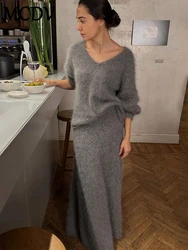 MCDV Mohair Two Piece Skirt Sets Women Knitted V Neck Long Sleeve Sweater and High Elastic Waist Long Skirts Party Club Outfits