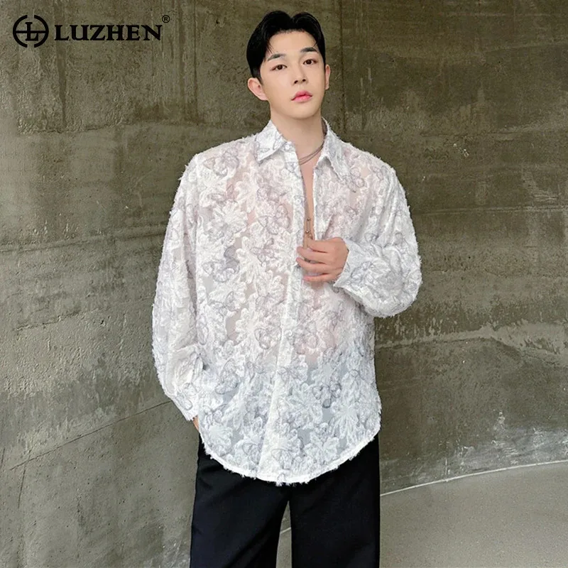 

LUZHEN Long Butterfly Design Trendy Pattern Jacquard Sleeved Translucent Shirts Original Thin Fashion New 2025 Men Tops JY2469