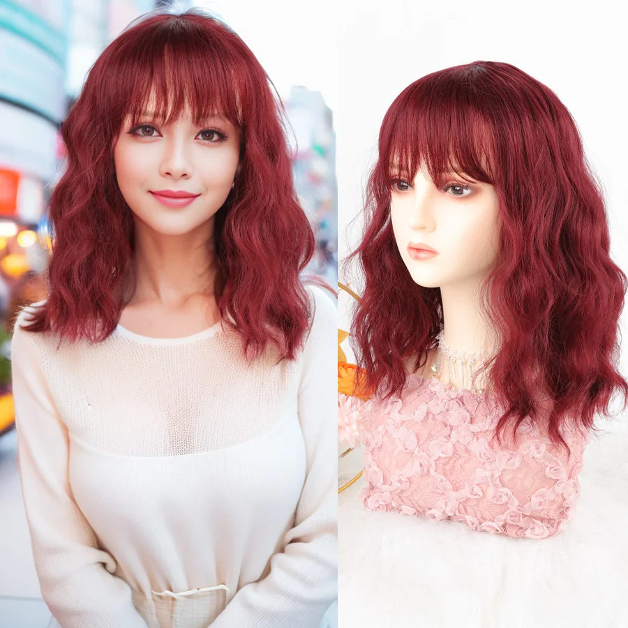 

Synthetic 14-inch short curly wavy wig with bangs naturally wear a heat-resistant wig for female cosplay