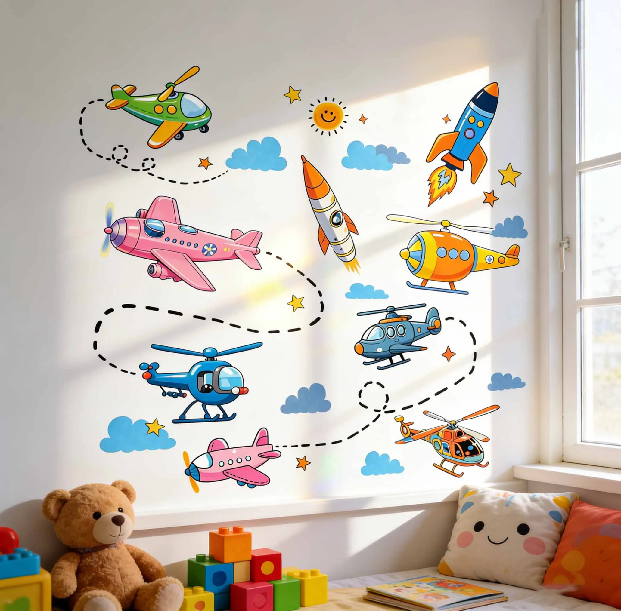 Cute Airplane & Rocket Wall Stickers, Cartoon Planes, Helicopters & Spaceships Decals for Boys Room