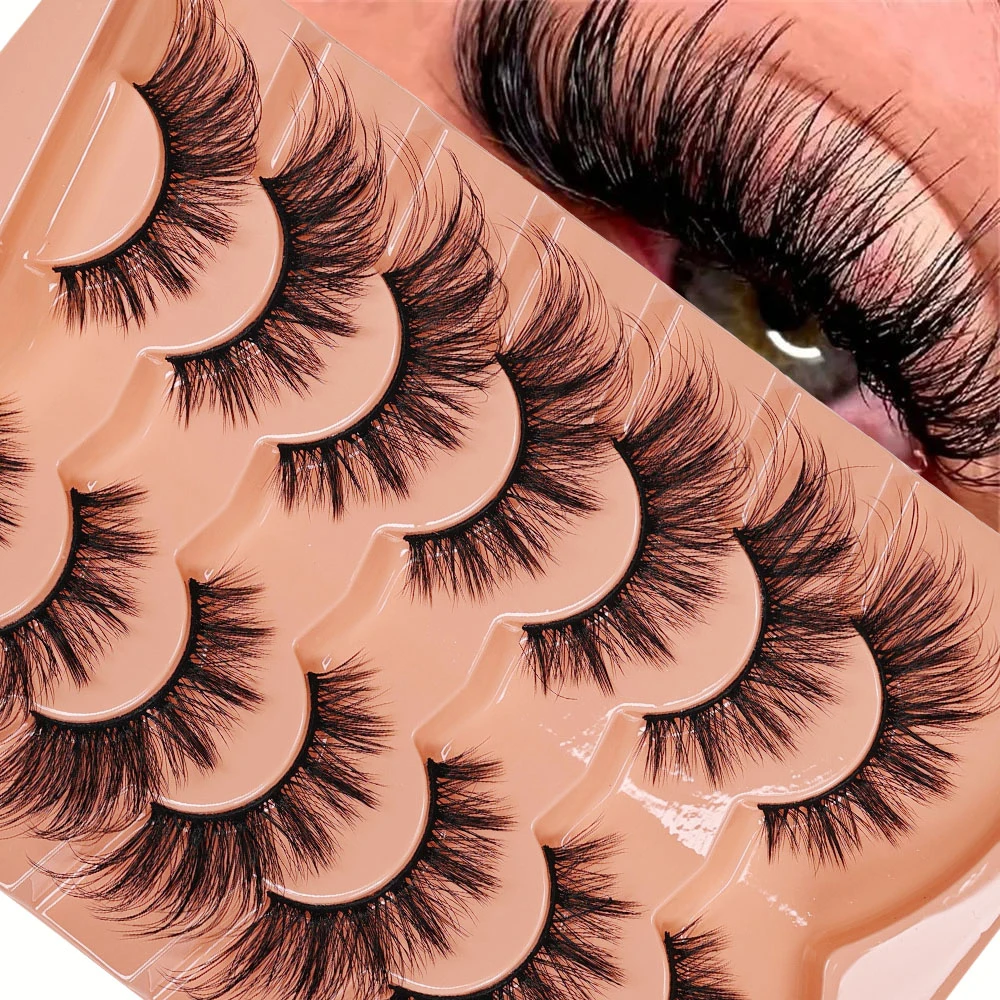 Set de 7 Pares de Pestañas Postizas 3D Efecto Ojo de Gato, Naturales, 5D, Suaves, Voluminosas, Cruzadas, Estilo Manga, Kit de Maquillaje para Extensiones de Pestañas