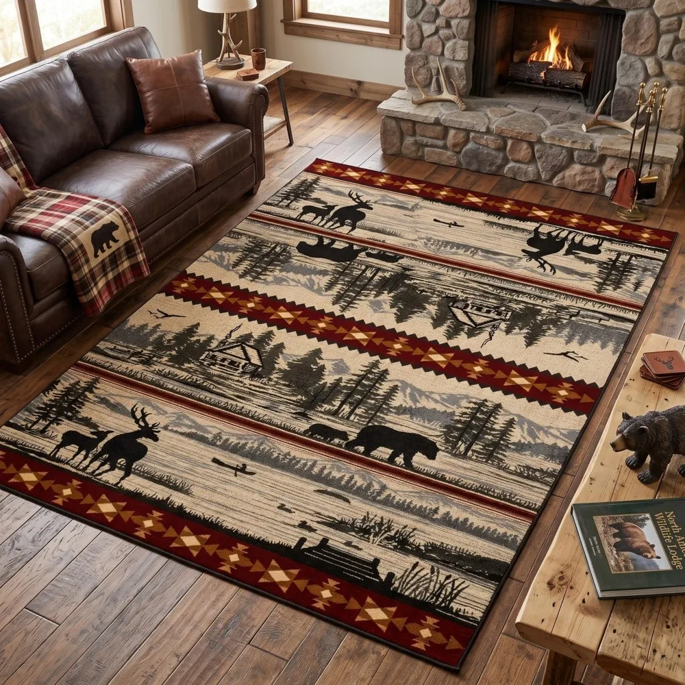 Rustic Lodge Bear Moose Cabin Carpet Living Room Bedroom Rug Southwest Aztec Geometric Floor Mat Western Mountain Cabin Doormat