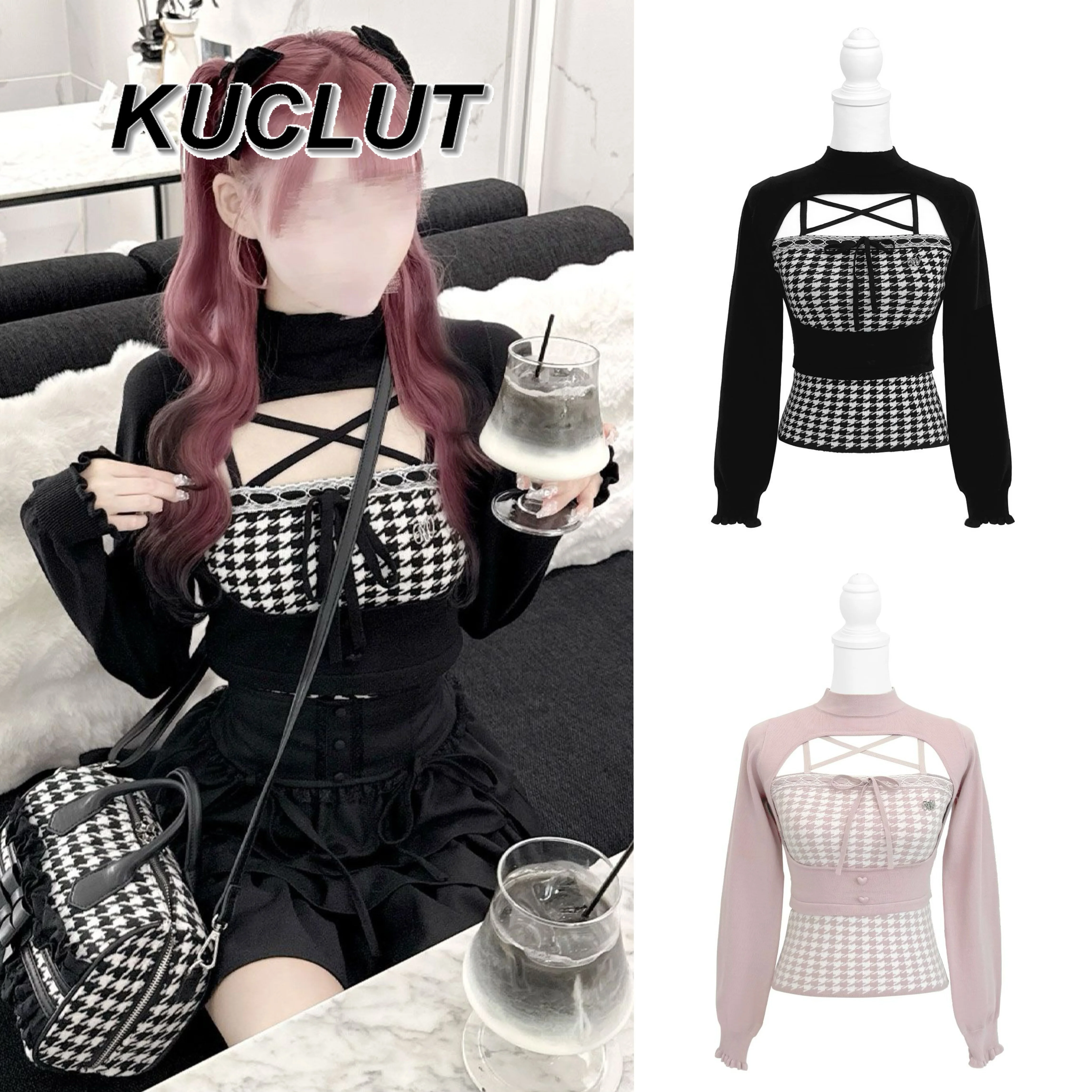 일본 스타일 패션 여성 니트 셔츠 가을 겨울 신상 하운드투스 레이스업 니트 조끼 세트