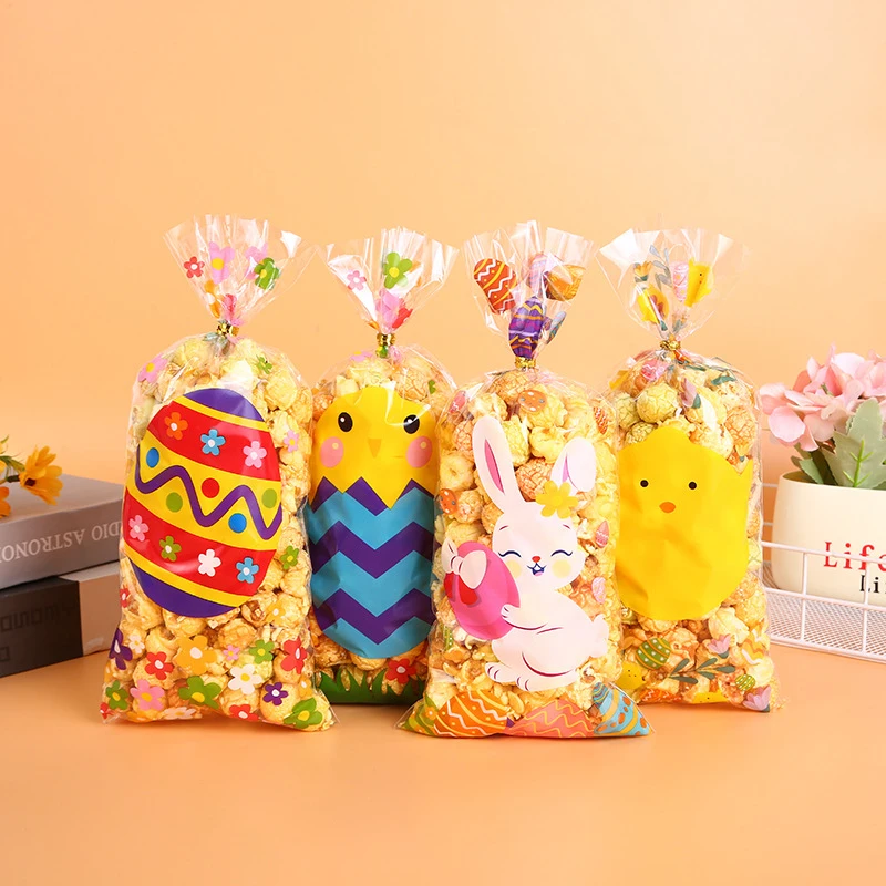 50pcs Easter Gift Gold Thread Easter Egg Rabbit Chicken Candy Packaging Bag Easter Egg Gift Opp Cookie Bag Party Gift