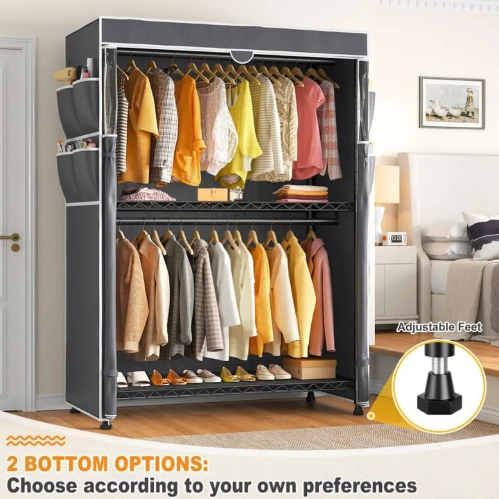 Heavy Duty Clothes Rack with Cover, Clothing Racks for Hanging Clothes with Wheels & Adjustable Feets, Portable Clothes Rack