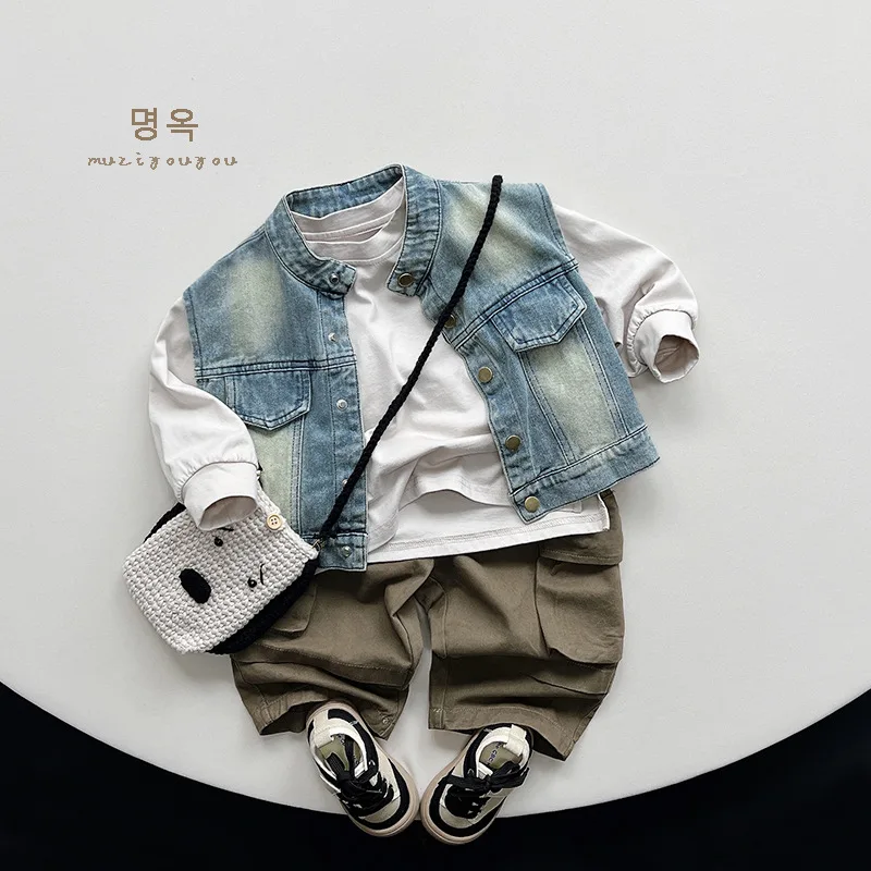 Spring New Children Vintage Denim Vest Jacket Toddler Boys Casual Versatile Tops Fashion Girls Sleeveless Vest Coat Kids Clothes