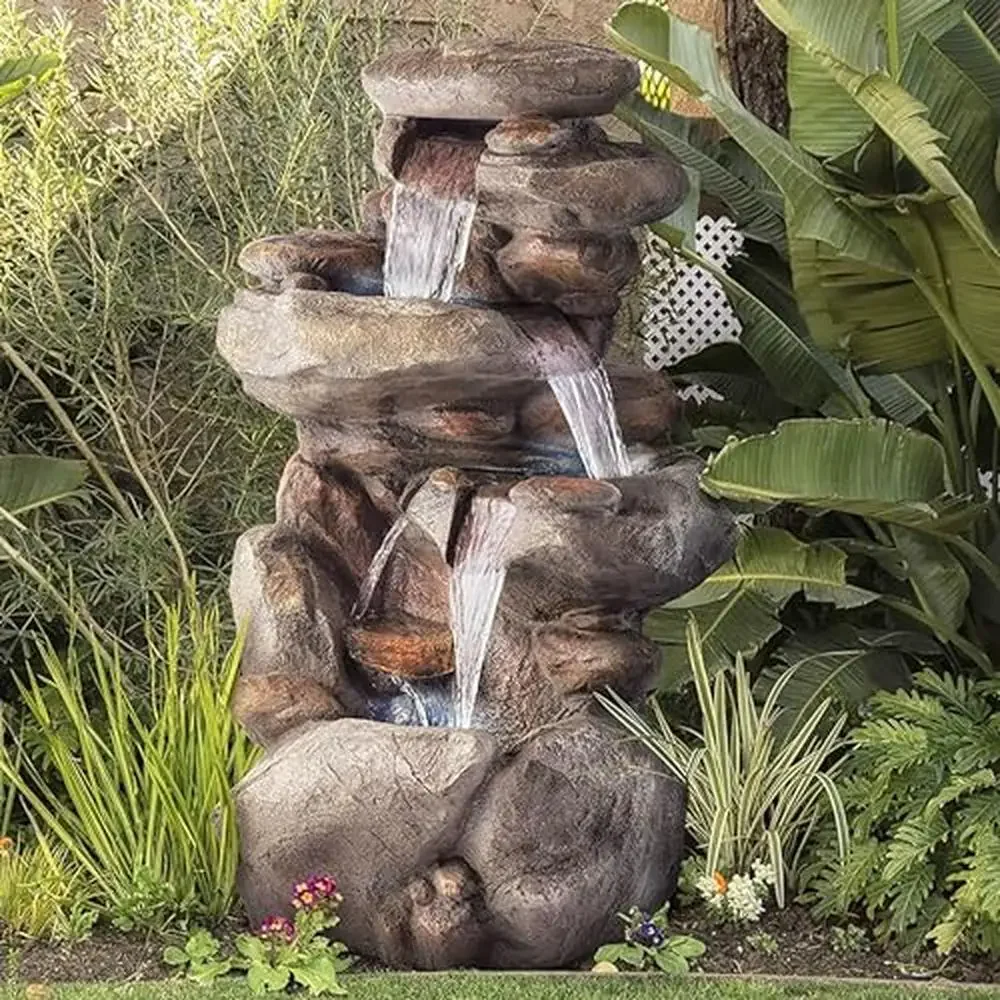 

Outdoor Rock Water Fountain 4-Tiered Tower Design Peaceful Water Flow Weather-Resistant 23"x18"x40