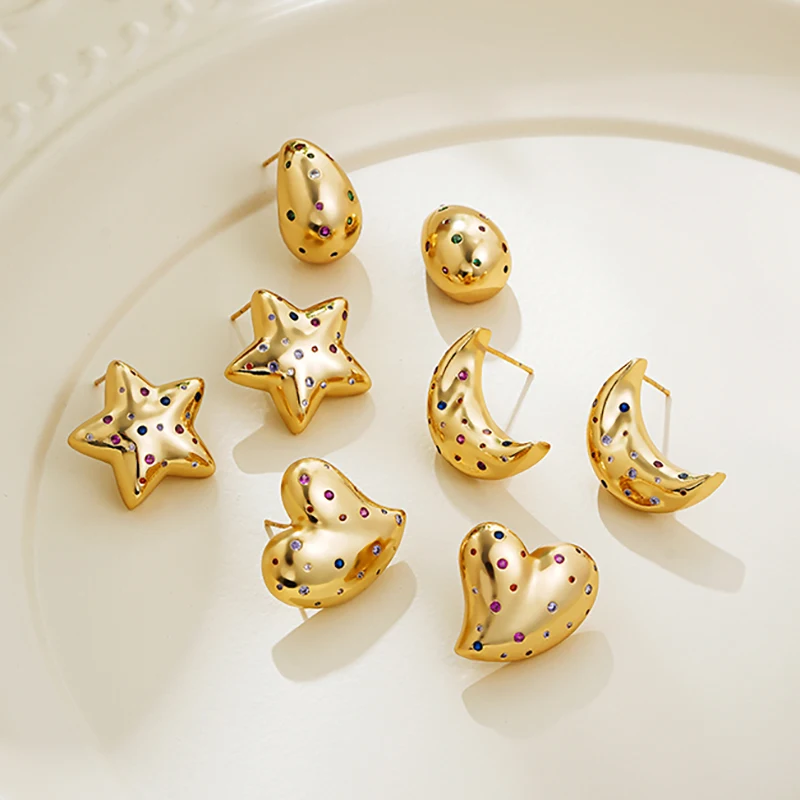 Glossy 18K Gold Plated Chunky Heart Star Moon Post Earrings with Colorful Crystal Rhinestones Piercing Jewelry for Women Earring